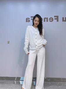Conjunto de Cárdigan de Punto y Pantalones Anchos para Mujer, Manga Larga, 2 Piezas, Atuendo Casual de Otoño - Product Image 5