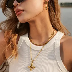 Religious Cross Chain Necklace Women Jewelry 18K Gold Waterproof Tarnish free Trendy Minimalist Tiger Eyes Stone Necklace Women