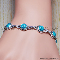 Bracelet en argent sterling 100% avec pierre précieuse turquoise ronde, fabriqué en argent sterling 925, bijoux uniques faits à la main