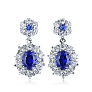 Fine Elegant Jewelry 925 Sterling Silver 5*7mm Oval Cut Lab Made Sapphire Blue Earrings