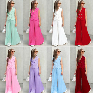 Completo Casual Primaverile per Bambine in Due Pezzi: Top Senza Maniche con Bottoni e <span class=keywords><strong>Pantaloni</strong></span> Larghi <span class=keywords><strong>Plissettati</strong></span> Traspiranti - Product Image 2
