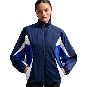 Blouson de motard en peau de mouton pour femme, bleu marine, à blocs de couleur, manches longues, col à capuche, fermeture éclair, coupe-vent, en polyester non tissé - Product Image 1