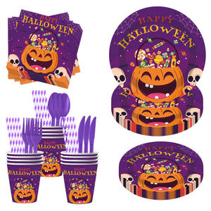 2025 nouveau <span class=keywords><strong>Halloween</strong></span> violet citrouille 8 pièces jetable papier vaisselle ensemble tasses serviettes assiettes pour fête fournitures Kits - Product Image 1