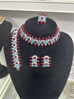 Parure de bijoux ethniques de luxe vintage en laiton plaqué or blanc avec rubis et turquoise pour femme, 4 pièces, pour mariage