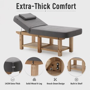 Table de massage esthétique épaisse 190*80*65cm avec cadre en bois massif, étagère de rangement, démontable, 6 pieds, pour salon de beauté, extensions de cils, soins du visage et tatouage - Product Image 3
