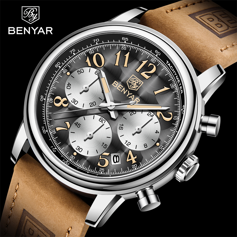 New BENYAR Top Brand Leather Men Quartz Wristwatches Waterproof Chronograph Men Sports Watch for Men Reloj hombre