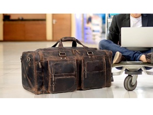 24 Inch Genuine <b>Leather</b> Travel <b>Holdall</b> for <b>Men</b> Large Duffel <b>Bag</b> for Gym Sports Overnight Stays Weekend Travel Business Trips - Product Image 1
