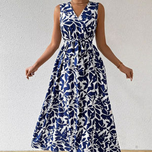 OEM & ODM Femmes Bohème Style Vintage Taille Naturelle Tissé Imprimé Floral Sans Manches Col En V Longue Jupe Robe Décontractée avec Ceintures - Product Image 1