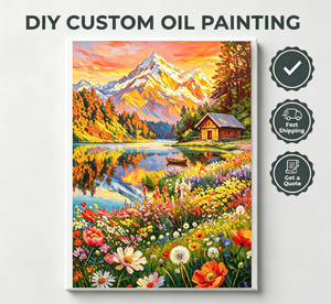 Kit de peinture à l'huile DIY par numéros Songwoo : Coucher de soleil, <span class=keywords><strong>montagne</strong></span> enneigée, lac, cabane, fleurs sauvages – Peinture sur toile personnalisée - Product Image 1