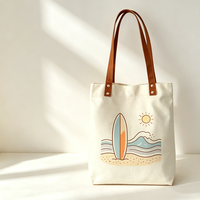 Sac fourre-tout en toile personnalisé avec imprimé planche de surf, soleil et vagues, poignée en cuir à rivets, sac de plage d'été pour femmes