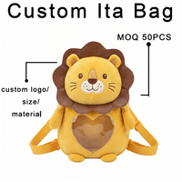 Sac à dos en peluche lion personnalisable en gros, sac Ita mignon en forme de cœur avec fenêtre transparente pour bébé, idéal pour l'école ou comme cadeau