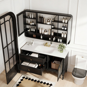 Meuble-lavabo de salle de bain 48-92 pouces avec lavabo simple/double, meuble-lavabo autoportant rétro français avec miroir intelligent anti-buée/miroir-étagère - Product Image 3