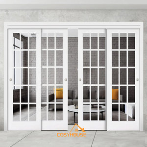 <span class=keywords><strong>Porte</strong></span> intérieure <span class=keywords><strong>coulissante</strong></span> française à 4 panneaux blanche avec grilles en verre, design moderne de séparateur de pièce pour appartement, salon et maison - Product Image 1