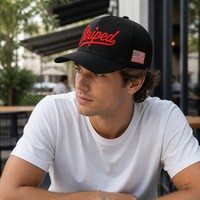 Gorra de Béisbol Personalizada con Bordado 3D en Relieve, Rayas de Velour, Color Crema y Azul Marino, Visera Curva, Logotipo con Letras y Parche de la Bandera de EE. UU., Venta al Por Mayor