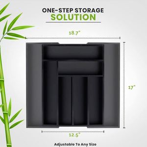 Organisateur de tiroir de cuisine en bambou noir réglable et extensible pour couverts et ustensiles de cuisine - Product Image 4