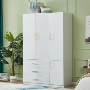 Modern Minimalist White MDF Bedroom Wardrobe <strong>Closet</strong> 4-Door with 3 Drawers for Home or Hotel Storage - Product Image 1
