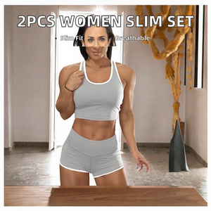 Conjunto Deportivo para Mujer, Top y Shorts con Ribete en Contraste Gris, Transpirable, de Spandex y Poliéster, para Yoga y Gimnasio - Product Image 2