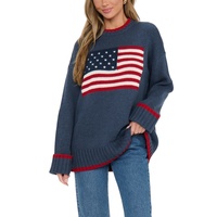 Pull-over décontracté en maille côtelée à manches longues et col rond, surdimensionné, en jacquard 100 % coton avec drapeau américain, personnalisé pour femme, vente en gros