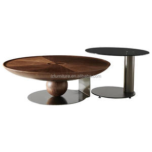 Modern Luxury Nesting <b>Coffee</b> <b>Table</b> Set of 2 Round <b>Walnut</b> Wood Center <b>Table</b> with Black Glass Side <b>Table</b> Living Room Furniture - Product Image 6