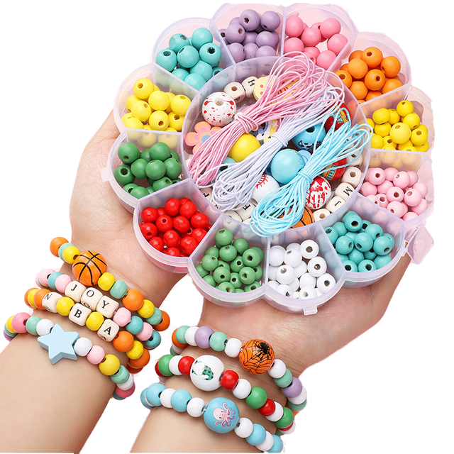 12-Grid Trendy Children's Homemade Beaded Bracelet Mobile Phone Chain Pendant Wood Beads DIY Jewelry Accessories Making Kit