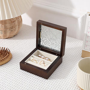 Oak Wood Walnut Color Rings Storage Organizer <b>Box</b> with Real <b>Glass</b> Pattern On Window Ready to Ship In Stock - Product Image 2