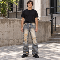 DiZNEW Jeans évasés cloutés personnalisés pour homme, en denim épais déchiré et vieilli, avec imprimé monogramme, style streetwear