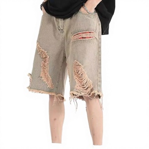 Shorts en jean mi-longs à cordon de serrage, motif uni, style vintage, non tissé, respirant, écologique, pour tous les jours, décontracté, festivals - Product Image 2