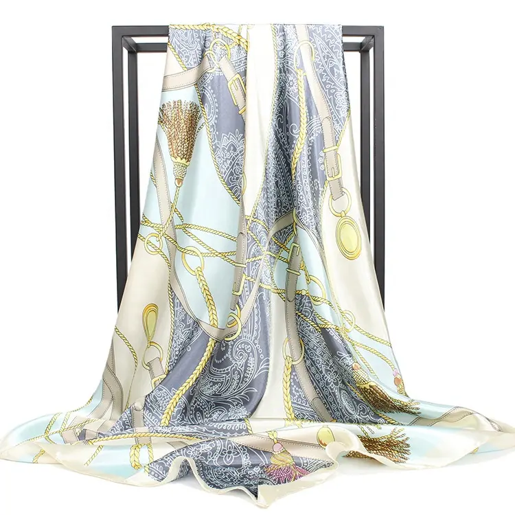Groothandel Satijnen Sjaal Voor Haar Vrouwen Zijde Sublimatie Ketting Print Luxe Satijn Rand Vierkante Sjaal