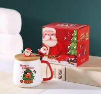 Tasse en céramique Wisteria de Noël avec couvercle en bois et cuillère – Coffret cadeau motif Père Noël et Bonhomme de neige pour les fêtes/Nouvel An, usage domestique/bureau