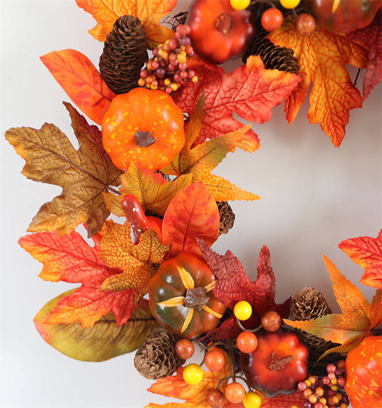 Pumpkin Maples Leaf Pine Cone  Wreath for Halloween Front Door Decoration