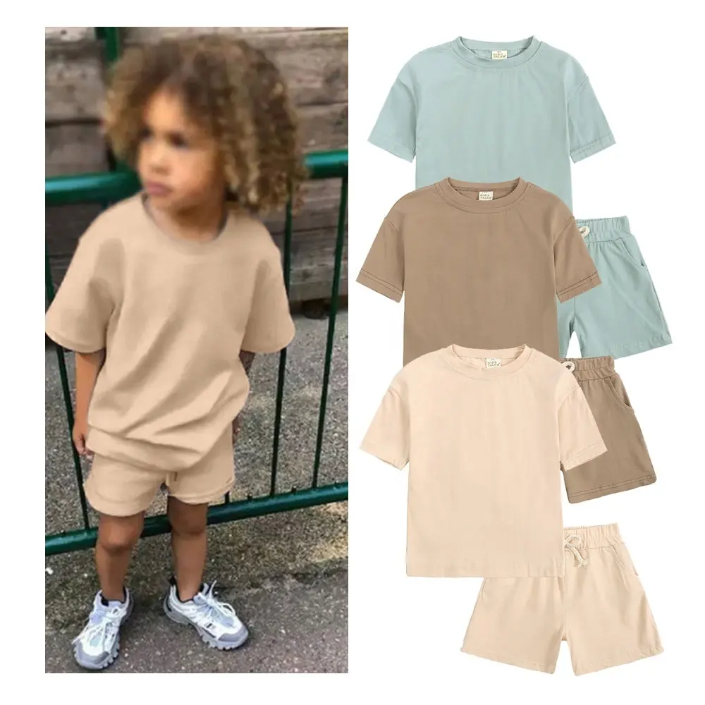 8395 Rts Zomer Casual Meisjes Jongens Trainingspak Kinderen Tiener Korte Mouwen Katoenen Tops Shorts 2 Stuks Babykleding Set