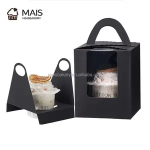 Maisbakery hộp Cupcake màu đen, duy nhất cupcake tàu sân bay với cửa sổ chèn và xử lý bánh ngọt container bánh nướng xốp cupcake tàu sân bay