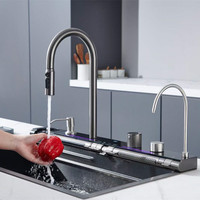 Évier de cuisine multifonctionnel intelligent en acier inoxydable nano alvéolé avec affichage de la température, cascade à touches de piano, gris brossé