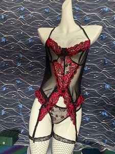 Completo Intimo Seducente in Pizzo Sottile da Donna, Set 2 Pezzi: Corsetto, Body, <span class=keywords><strong>Reggiseno</strong></span>, Mutandine e Calze a Coscia Alta in Tessuto Trasparente Traspirante, Taglie L-3XL - Product Image 6