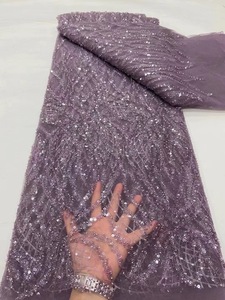 NI.AI <strong>Purple</strong> Beaded Net Lace Bridal Trapezium Mesh Embroidered <strong>Sequins</strong> Lace Fabric With Pearls for Wedding Dress Materials - Product Image 2