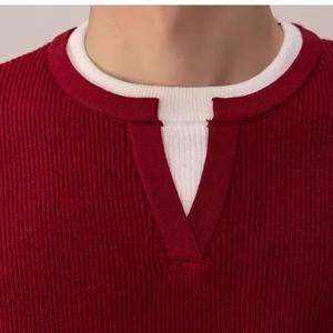 Pull rouge à col en V pour homme, style printemps, avec motif zodiaque, design faux deux-pièces, tricoté, à manches évasées, double boutonnage, fin - Product Image 4
