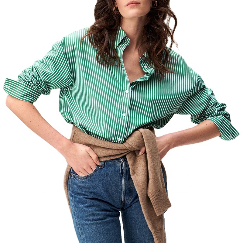 Mujer corte extragrande con hombros caidos Algodon puro espanol Camisa extragrande de popelina de algodon con rayas verdes camisa