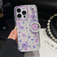 Coque de téléphone en TPU PC avec motif de papillon brillant et fleurs pour 13-16 Pro Max, protection transparente antichoc, couverture 360° avec cordon