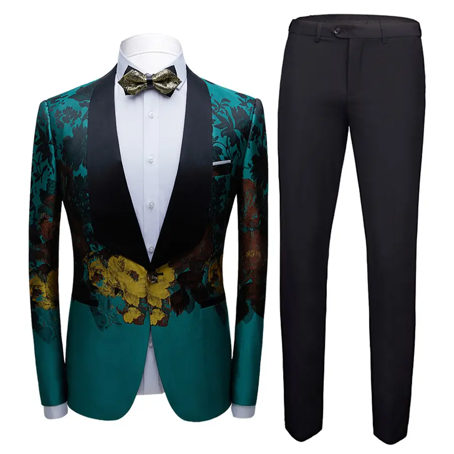 Wholesale custom men's suit party jacket casual Korean slim fit green print formal gown mens suit