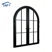 Puerta Francesa Exterior de Doble Vidrio Templado con Marco de Aluminio Arqueado y Diseño de Hierro, con Rejilla y Cerradura Digital