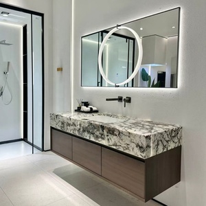 <span class=keywords><strong>Meuble</strong></span>-lavabo mural flottant en bois cannelé de style scandinave moderne avec dessus en marbre et lavabo vasque doré pour hôtel YG21 - Product Image 5