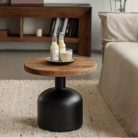 Meuble de salon de style industriel, table d'appoint ronde noire en fer et bois massif