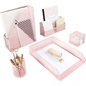 School Office Supply Stationery Powder Coated Metal Wire Mesh 5 Pcs <b>File</b> Tray Storage <b>Organizer</b> Desk Set - Product Image 1