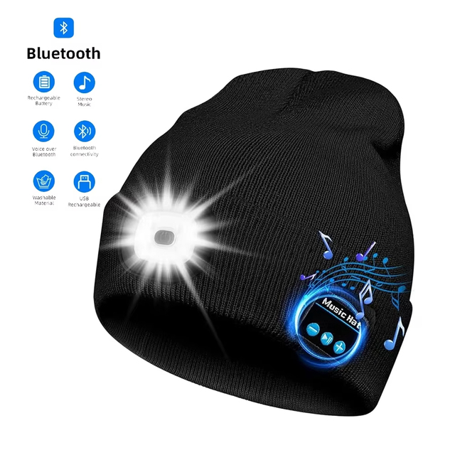 Warm LED Beanie Hat Bluetooth Wireless Stereo Headset USB Rechargeable Adjustment 3 Gear Dimming LED Light Warm Music Hat