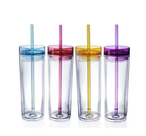 Prezzo di fabbrica bicchiere Skinny all'ingrosso BPA Free 16oz bicchiere acrilico sottile in paglia di plastica