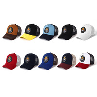 Casquettes de baseball ajustables à 5 panneaux avec logo tissé circulaire personnalisé, en maille respirante, style camionneur, à fermeture snapback