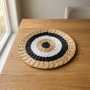 Circular Water Hyacinth Wall <b>Hanging</b> with Black <b>White</b> Abstract Geometric Pattern Bohemian Style Home Decor for Living Room - Product Image 2