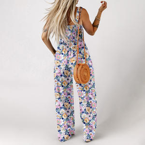 Lieber Liebhaber Großhandel Mode Boho Bohemian Blumen druck Elegant Smocked High Waist Square Neck Breites Bein Einteiliger Overall Frauen - Product Image 2