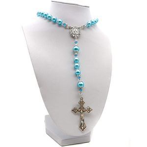 8 millimetri Light Blue Pearl Beads Collana Del <span class=keywords><strong>Rosario</strong></span> Cattolico con Vergine Maria Medaglia Crocifisso Tono Argento Rosari in Sacchetto di Velluto - Product Image 2