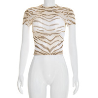 Viviblook C26TP026 Camiseta Corta de Verano para Mujer, Nueva, de Malla Estampada, Ajustada, Estilo Crop Top, Baby Tee